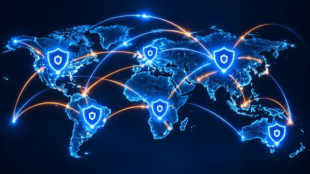 Global digital world map with glowing cybersecurity shields and communication lines representing international data protection