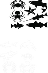 Fototapeta premium Black marine sea life silhouettes vector icons including crab octopus starfish swordfish and fish collection