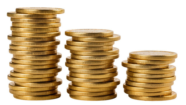 Three stacks of gold coins, isolated on transparent background