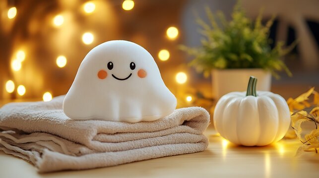Cute Smiling Ghost Toy Resting on Towel with Pumpkin and Lights