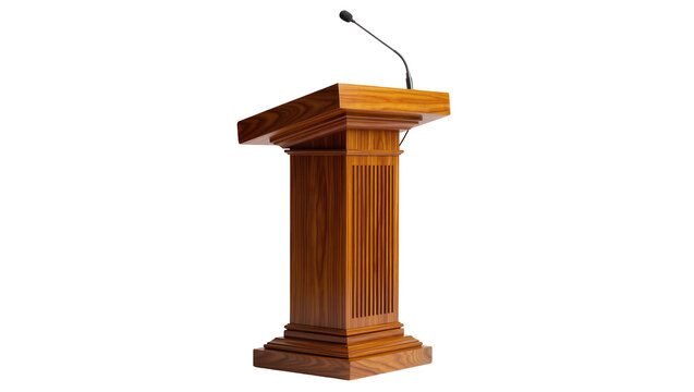 Polished wooden podium with microphone, isolated on transparent background