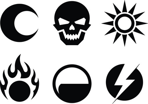 Mystical fantasy celestial element symbols vector collection featuring crescent moon evil skull sun fire flame circle and lightning bolt
