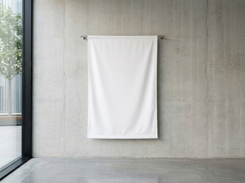 Blank white fabric banner hanging on a modern concrete wall for mockup