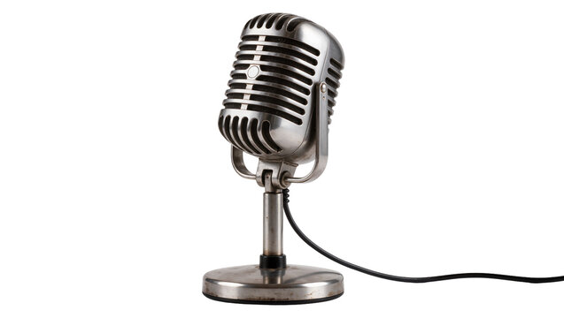 Vintage chrome microphone with black cord, isolated on transparent background
