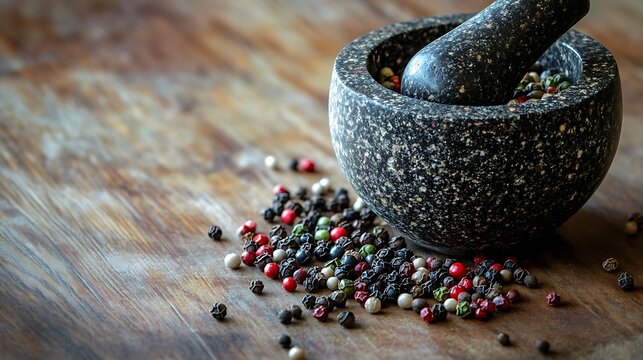 Dark Basalt Stone Mortar and Pestle with Mixed Peppercorns on Rustic Wooden Table