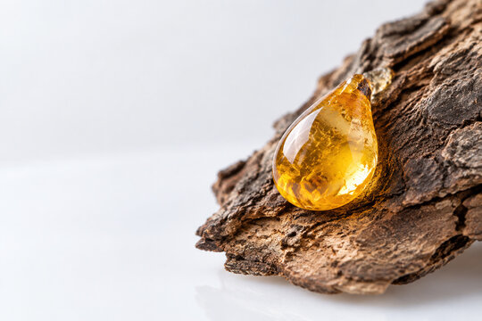 Golden copal resin drop on tree bark against white surface.