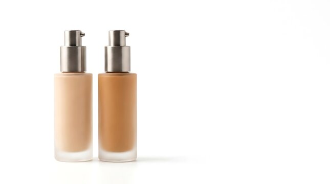 Two glass bottles of liquid face foundation makeup with metal pumps for different skin tone shades. makeup foundation duo