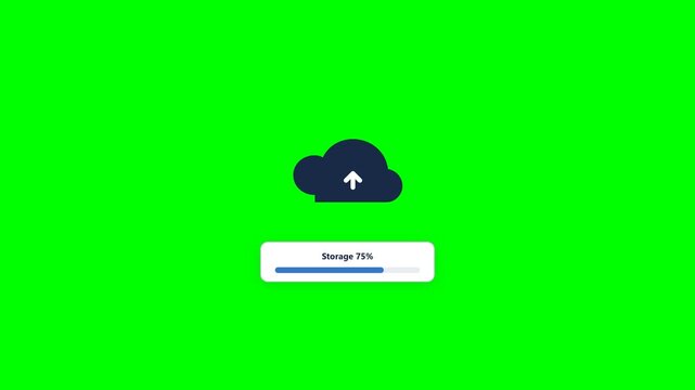 Professional 2D flat vector motion graphics animation of cloud storage capacity increasing from 40% to 75% as three digital documents are uploaded, complete with animated progress bar and cloud pulse