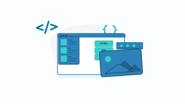 Animated web development code interface with browser windows and icons