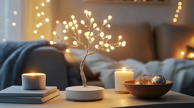 Warm Cozy Interior with LED Fairy Light Tree Lamp, Candles, and Bokeh Background