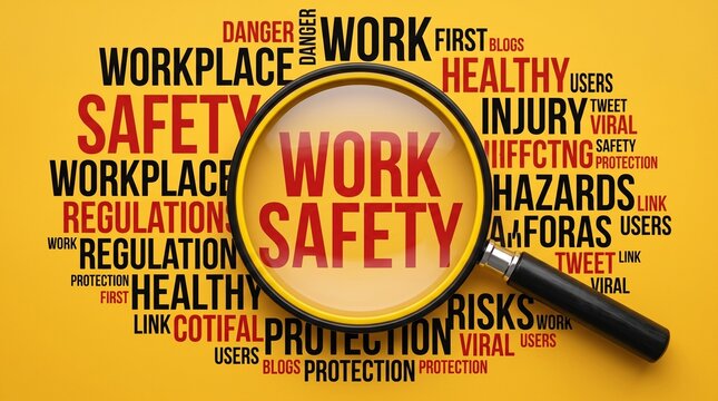 Work Safety and Workplace Protection Concept with Magnifying Glass over Word Cloud