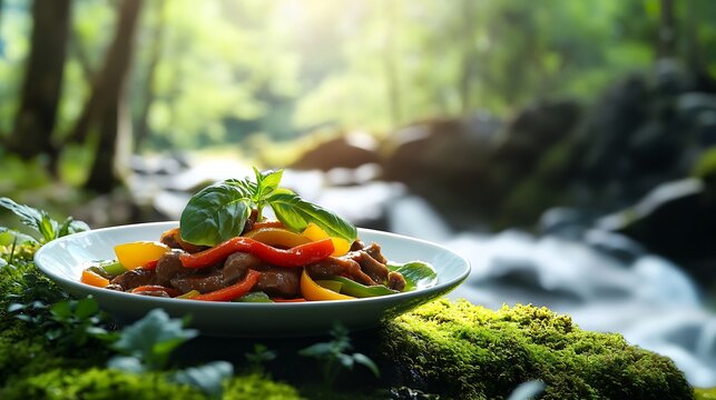 Delicious Stir Fry Beef and Peppers Served on Mossy Rock by Waterfall