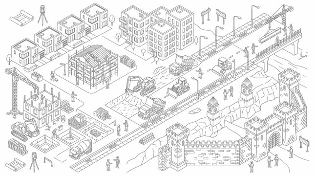 Isometric construction site and urban development infrastructure line art