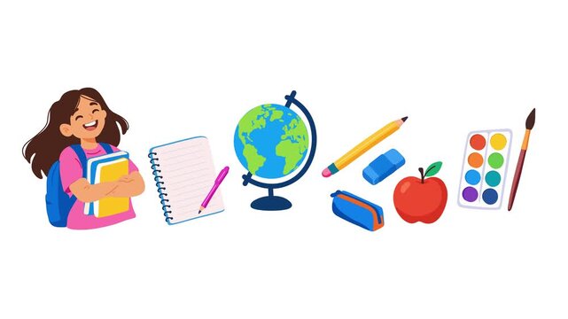animation happy schoolgirl organizing colorful stationery