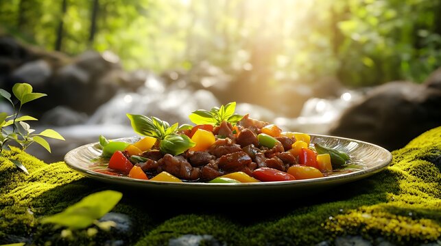 Fresh Chicken and Pepper Stir Fry Plate Placed on Green Moss in Nature