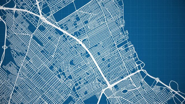 Ink reveal animation of Vicente L&oacute;pez Partido city, Buenos Aires, Argentina grid map. Aerial top view. Blueprint style. White lines with blue background. 4K Seamless loop.