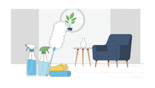 Assortment of cleaning supplies including spray bottles a duster and yellow gloves set in a tidy modern living room.