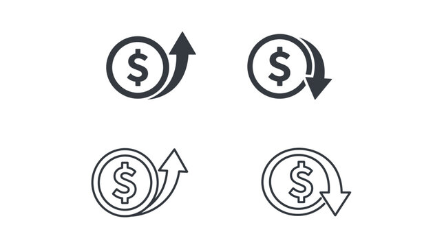 Minimalist financial icons featuring currency symbols and directional arrows showing economic growth and decline