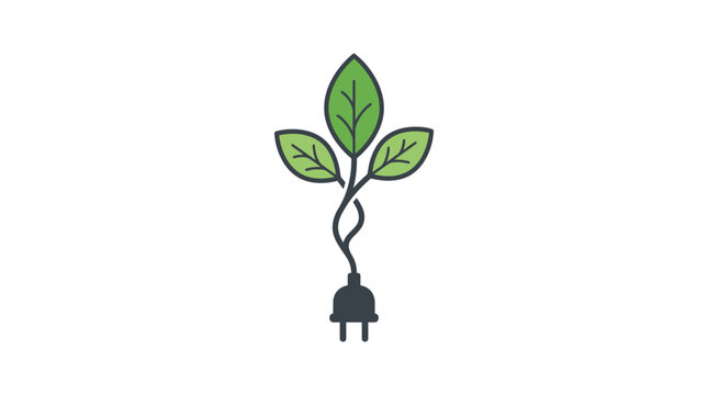Green leaf growing from electric power plug symbol showing clean renewable energy concept illustration