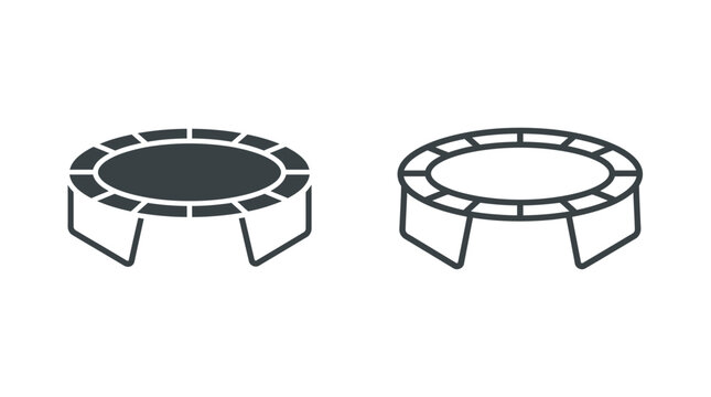 Modern trampoline icons featuring solid filled and minimalist outline vector graphic style illustrations