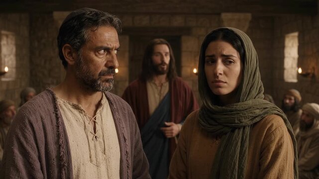 Skeptical Man and Woman Exchanging a Tense Glance While Jesus Christ Teaches in a Synagogue, Biblical Gospel Scene of Doubt, Unbelief, Questioning, Faith, Preaching and Community Reaction