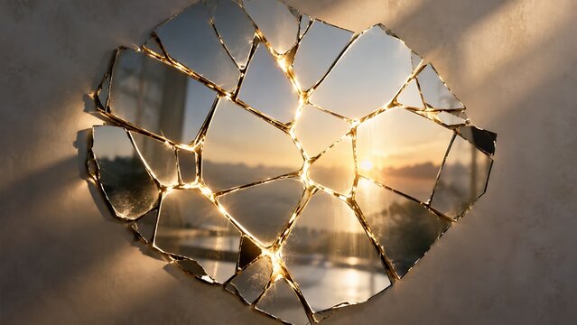Abstract of shattered mirror fragments reassembled with light in the seams, symbolizing repaired trust