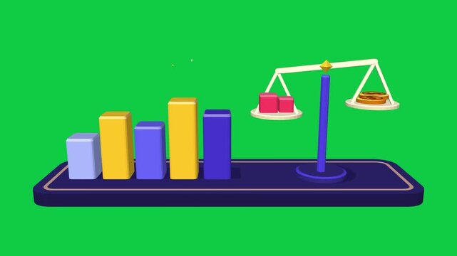 Budget planning 3D animation on green screen, coins stacking into savings bars with gold highlight, finance concept looping motion graphic 4K