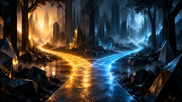 Abstract of two divergent glowing paths in a dark forest of geometric shapes, symbolizing a hard decision