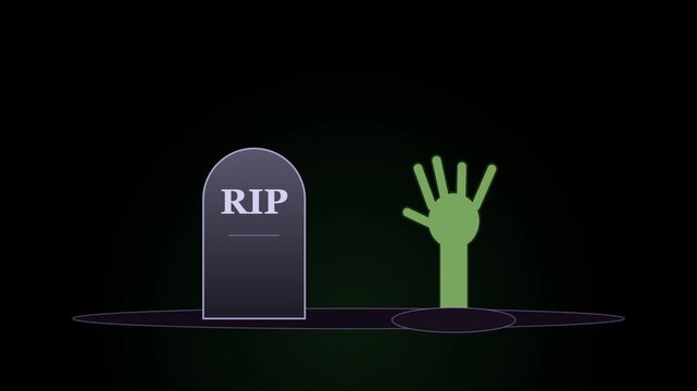 green zombie hand rising from grave next to rip tombstone on black background halloween animation
