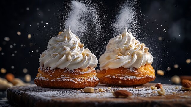 Freshly Baked Pastries Sprinkled with Powdered Sugar and Cream