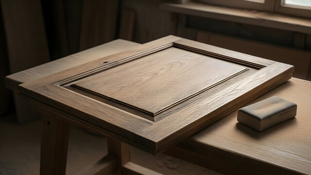 Sanding block beside a partially refinished cabinet door