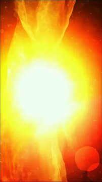 Brilliant glowing core radiates intense golden-yellow light outward through swirling fiery orange and red plasma tendrils against deep dark background.