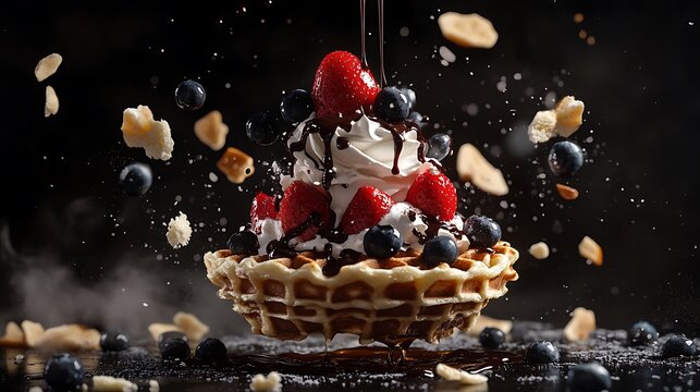 Chocolate Drizzled Waffle Bowl Loaded with Cream and Berries