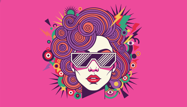 Vibrant pop art illustration of a cool woman wearing stylish sunglasses with voluminous curly purple hair on a pink background.