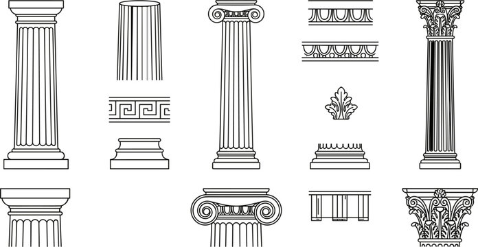 Ancient Greek pillar vector illustration set featuring classic architectural columns capitals and borders including Ionic Doric and Corinthian orders in line art style.