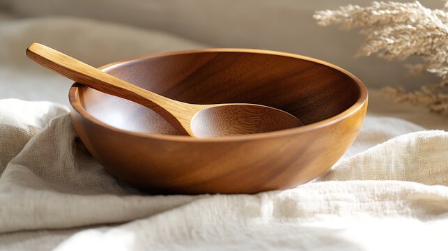Elegant Wooden Bowl and Spoon on Fabric Surface