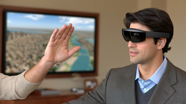 A man wearing smart glasses and gesturing in front of a digital screen