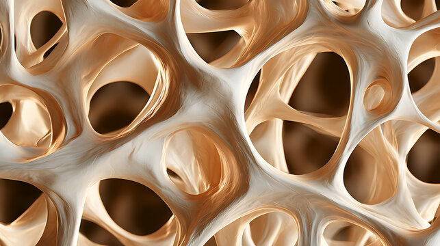 Microscopic visualization of porous bone tissue illustrating low bone density, osteoporosis, weakened bone structure, bone loss, and skeletal health.