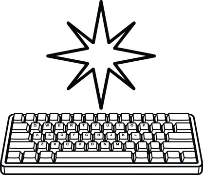 Black and white line art illustration of a computer keyboard with a sparkling star symbol above it.