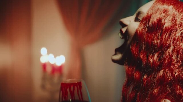 vampire girl licks drops of blood from wineglass red lips beauty face sexy woman white teeth fangs. hand holding glass red wine drinking bloody drink. halloween holiday party make-up. Gothic lady vamp