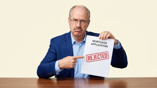 Sad mature businessman in blue suit holding mortgage application with red rejected stamp across white document.