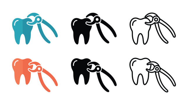 Dental extraction icons with forceps for oral surgery procedures and dentistry services in flat vector style