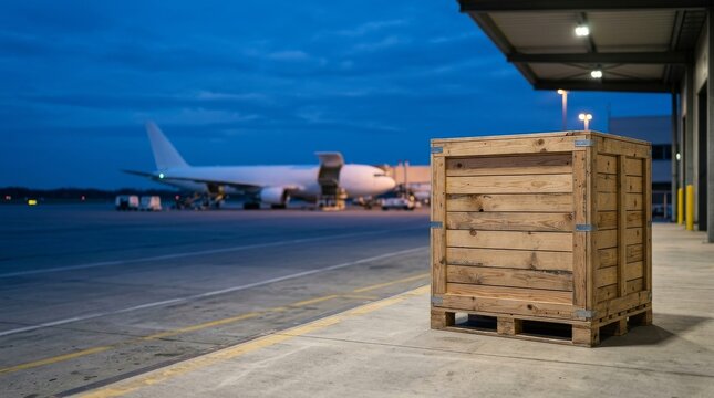 Import Tariffs and Rising Landed Costs Wooden crate on airport tarmac with cargo plane in background during twilight.