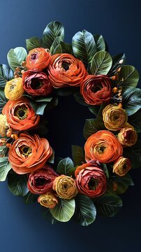 Bold orange and yellow floral wreath with glossy green leaves arranged in a circle against a dark blue studio background