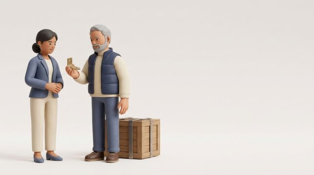 Import Tariffs and Rising Landed Costs Two business professionals exchanging money near a wooden crate on a plain background.