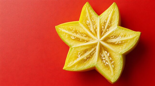 Top View Shot of Star Fruit Slice on Red Surface