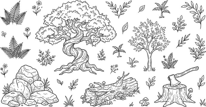 Forest nature elements vector doodle set with old oak tree, mossy log, axe in a tree stump, rock pile, ferns, mushrooms, and leafy branches in hand drawn sketch style.