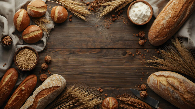 Artisan Bakery Delights: A rustic display of freshly baked bread, rolls, wheat stalks, and baking ingredients arranged artfully on a wooden surface.