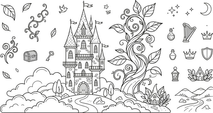 Fairy tale castle doodle set with magic beanstalk, medieval fortress, tiny houses, potion bottles, harp, crown, and fantasy elements in black line art style.
