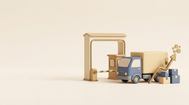 Import Tariffs and Rising Landed Costs Miniature truck and package boxes beside a large 3D printer producing a cardboard box.